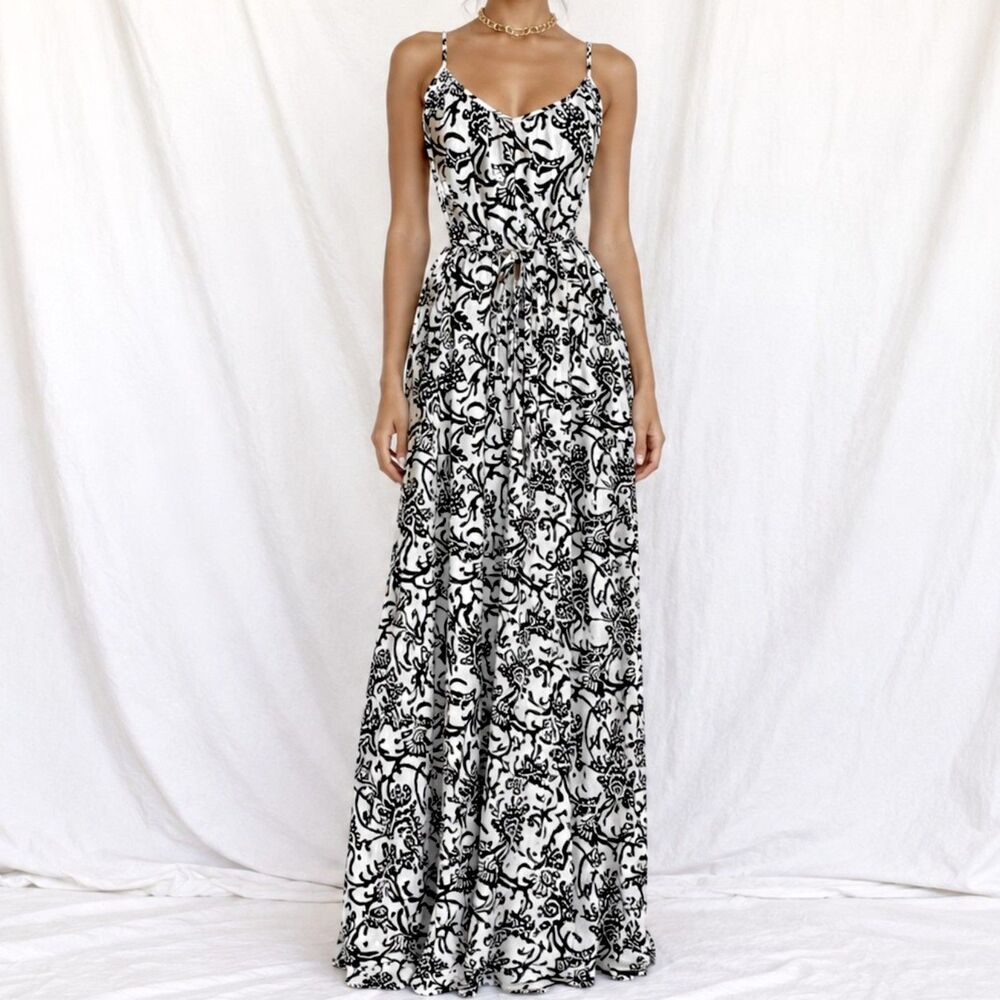 Vintage Y2K Black White Printed V-Neck Strappy A-Line Summer Maxi Dress Size S/M
